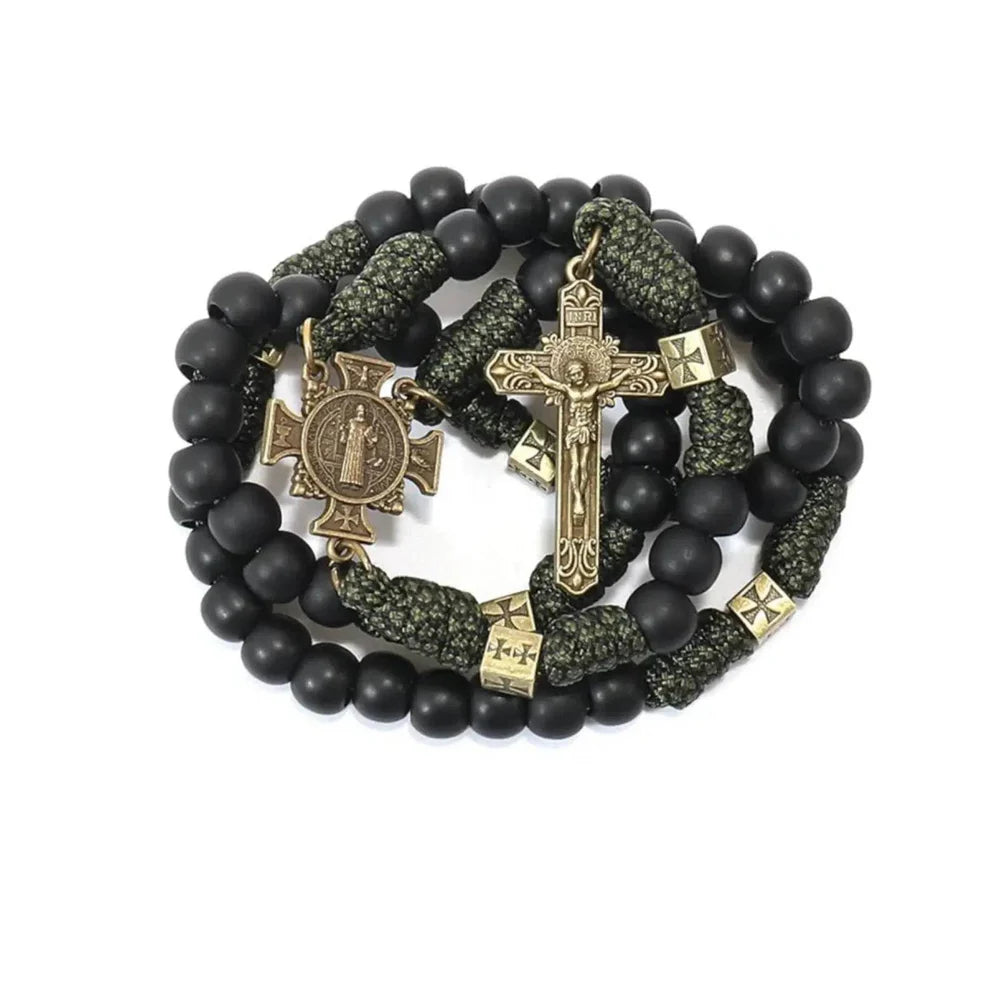 Antique Bronze Black Matte Prayer Beads Paracord Rosary Necklace