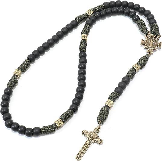 Antique Bronze Black Matte Prayer Beads Paracord Rosary Necklace
