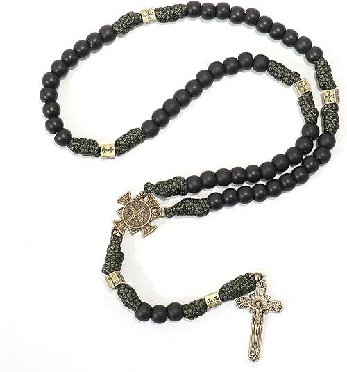 Antique Bronze Black Matte Prayer Beads Paracord Rosary Necklace