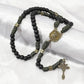Antique Bronze Metal Rugged Paracord Rosary Necklace Black Matte Prayer Beads with Saint Medal and Crucifix Cross