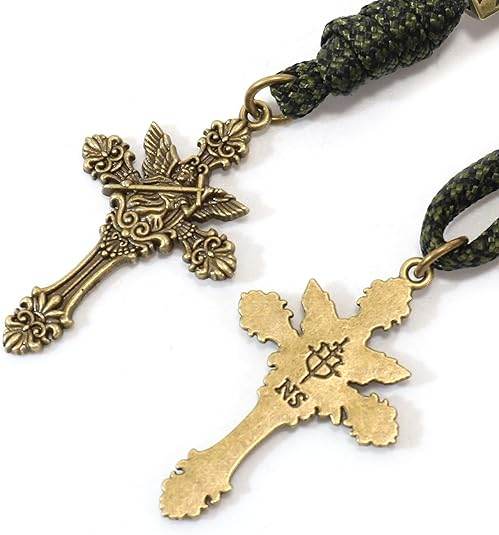 Antique Bronze Metal Rugged Paracord Rosary Necklace Black Matte Prayer Beads with Saint Medal and Crucifix Cross
