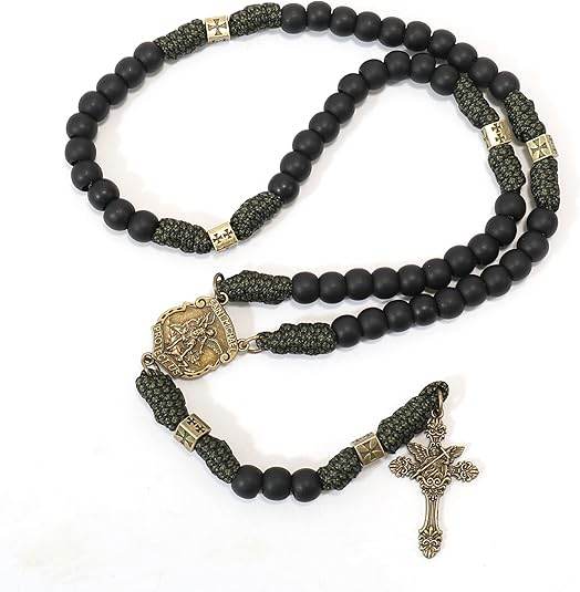 Antique Bronze Metal Rugged Paracord Rosary Necklace Black Matte Prayer Beads with Saint Medal and Crucifix Cross