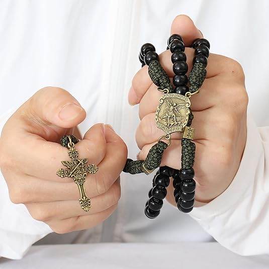 Antique Bronze Metal Rugged Paracord Rosary Necklace Black Matte Prayer Beads with Saint Medal and Crucifix Cross