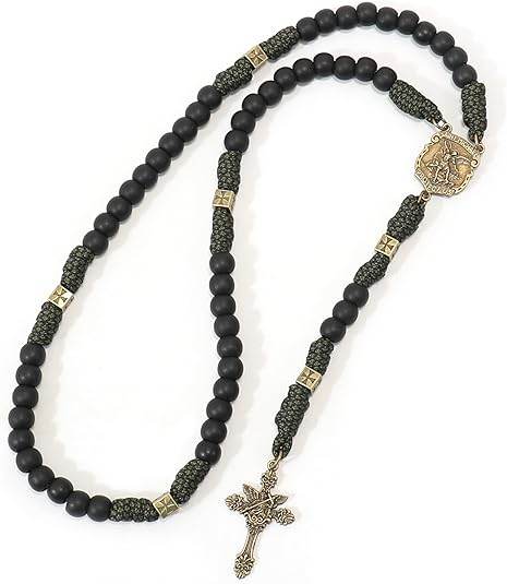 Antique Bronze Metal Rugged Paracord Rosary Necklace Black Matte Prayer Beads with Saint Medal and Crucifix Cross