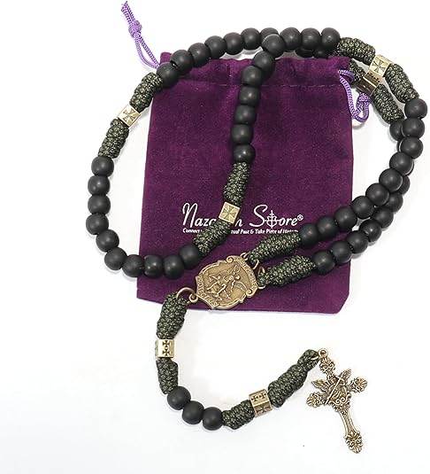 Antique Bronze Metal Rugged Paracord Rosary Necklace Black Matte Prayer Beads with Saint Medal and Crucifix Cross