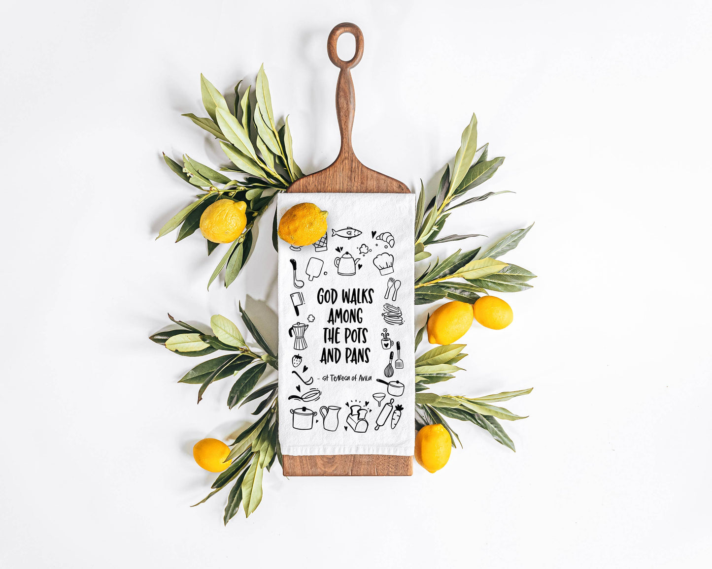 God Walks Among the Pots and Pans Catholic Kitchen Towel