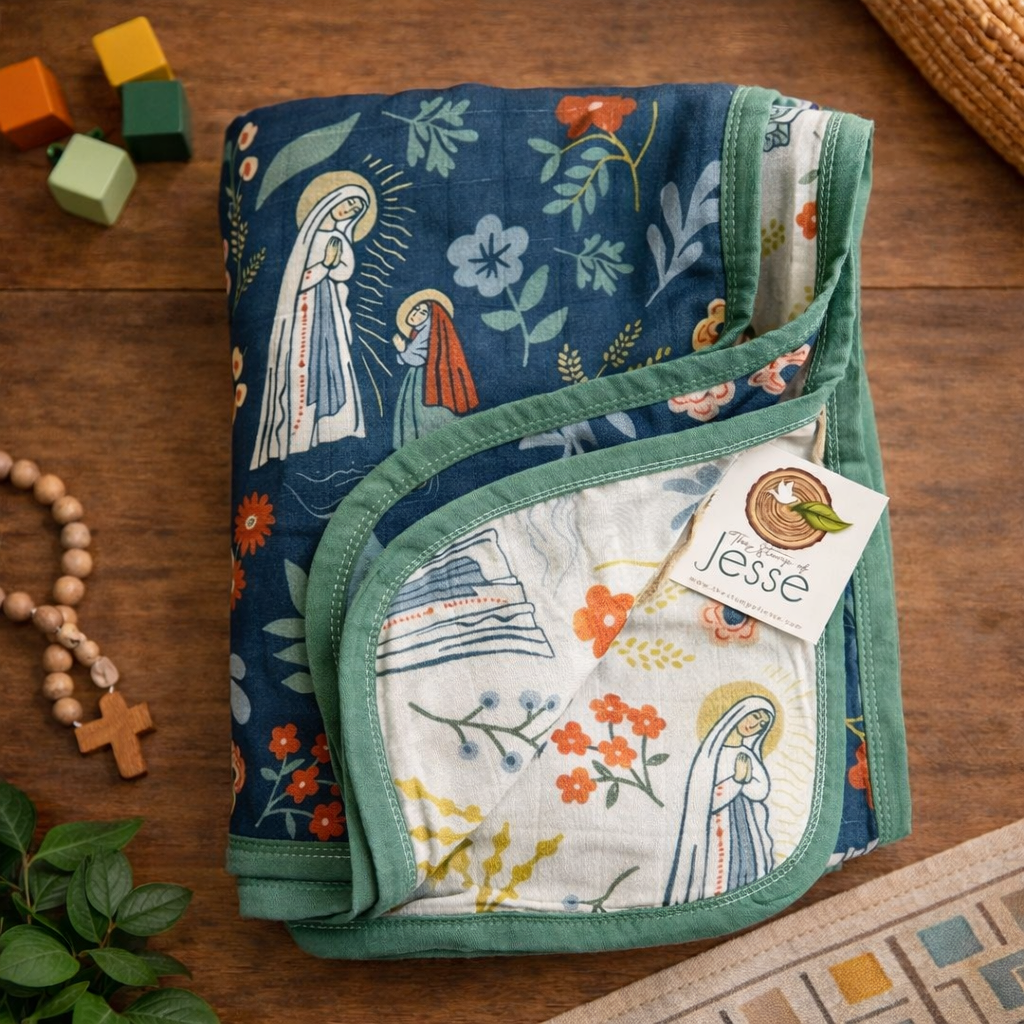 Our Lady of Lourdes & St. Bernadette Quilt - Navy & Beige