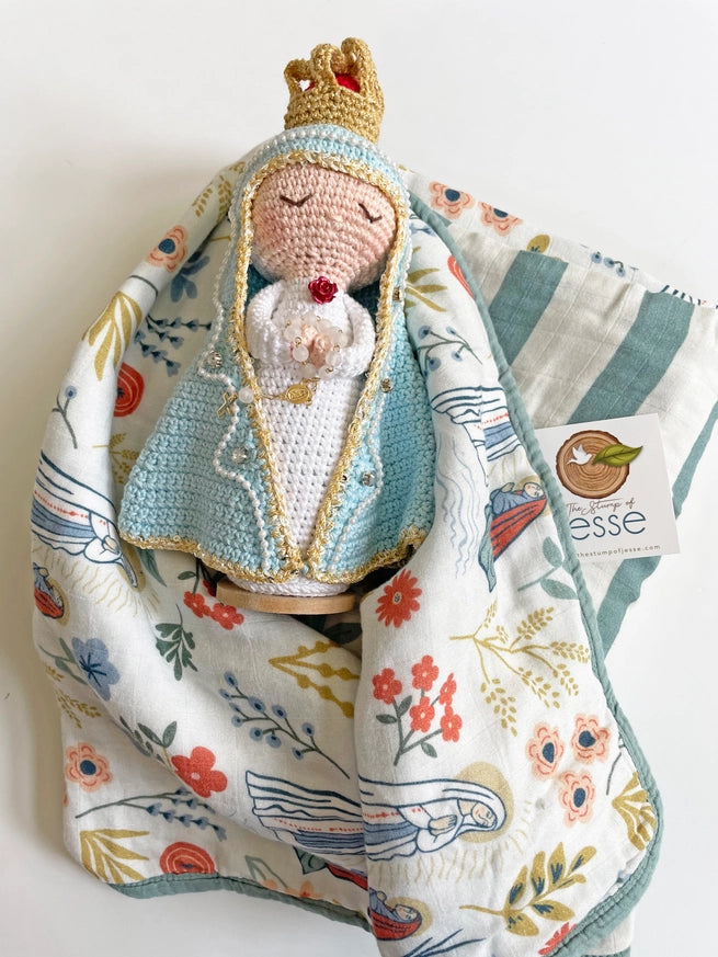 Our Lady of Lourdes & St. Bernadette Quilt - Navy & Beige