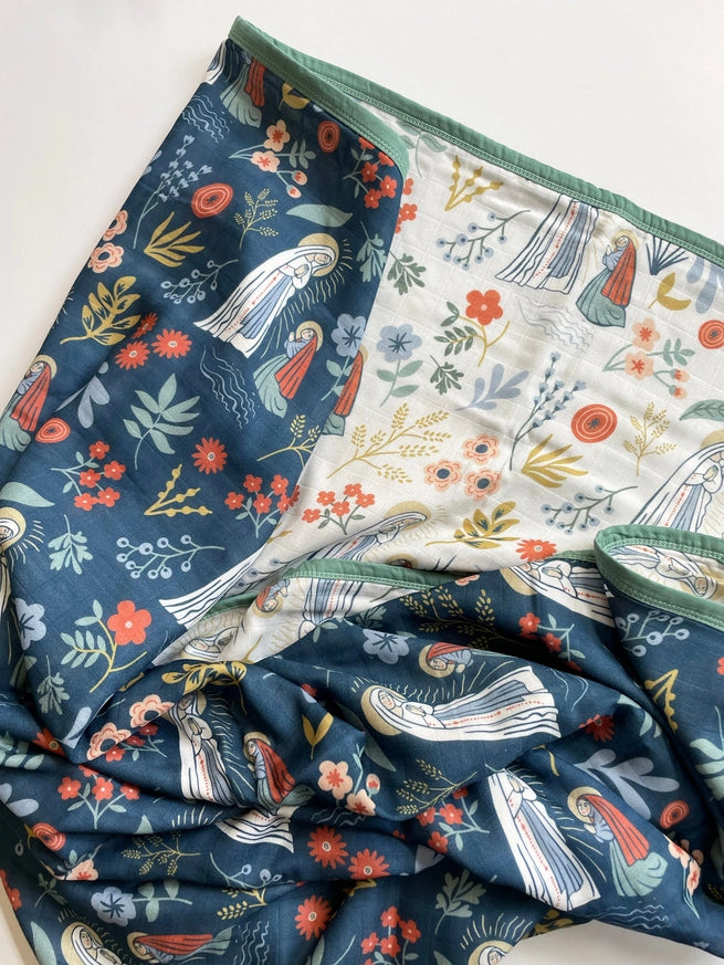 Our Lady of Lourdes & St. Bernadette Quilt - Navy & Beige