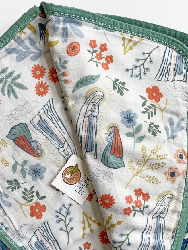 Our Lady of Lourdes & St. Bernadette Quilt - Navy & Beige