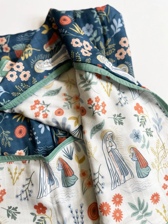 Our Lady of Lourdes & St. Bernadette Quilt - Navy & Beige