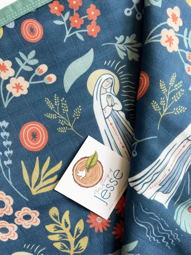 Our Lady of Lourdes & St. Bernadette Quilt - Navy & Beige