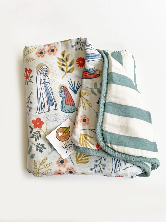 Our Lady of Lourdes & St. Bernadette Quilt - Navy & Beige