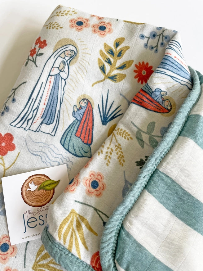 Our Lady of Lourdes & St. Bernadette Quilt - Navy & Beige