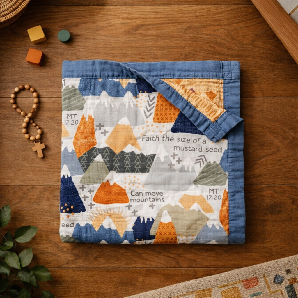 Catholic Luxury Double Sided Muslin Blanket-Faith Moves Mountains