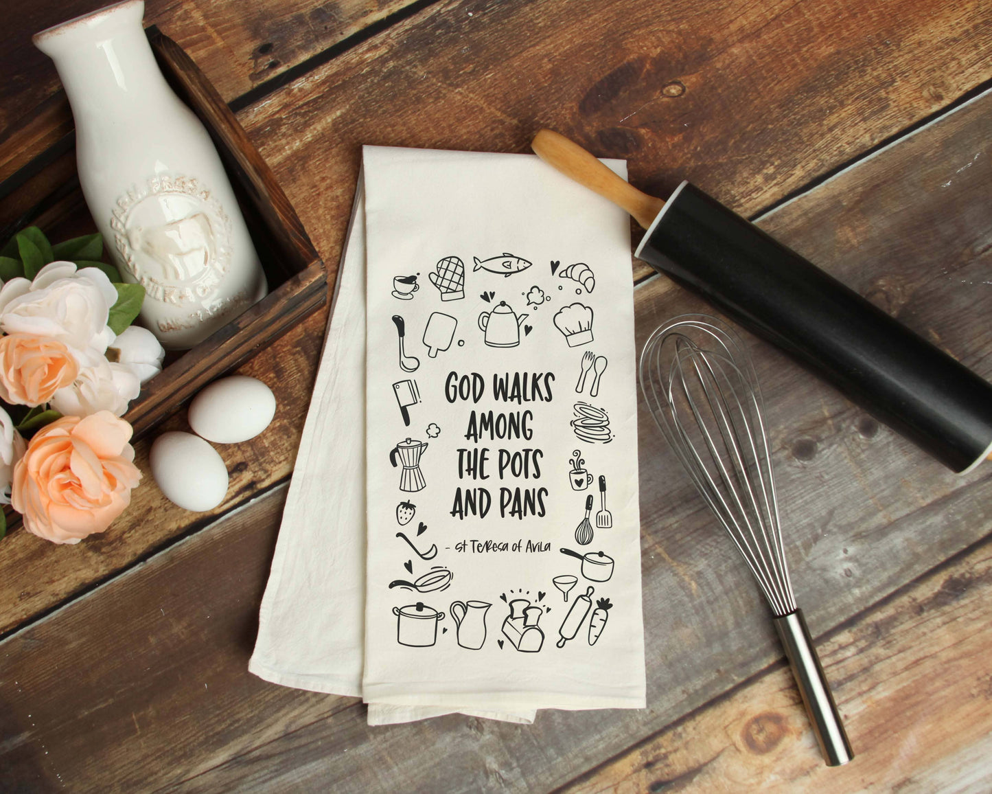 God Walks Among the Pots and Pans Catholic Kitchen Towel