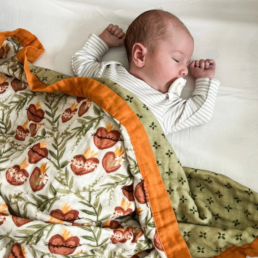 Holy Family Hearts Luxury Double Sided Muslin Blanket
