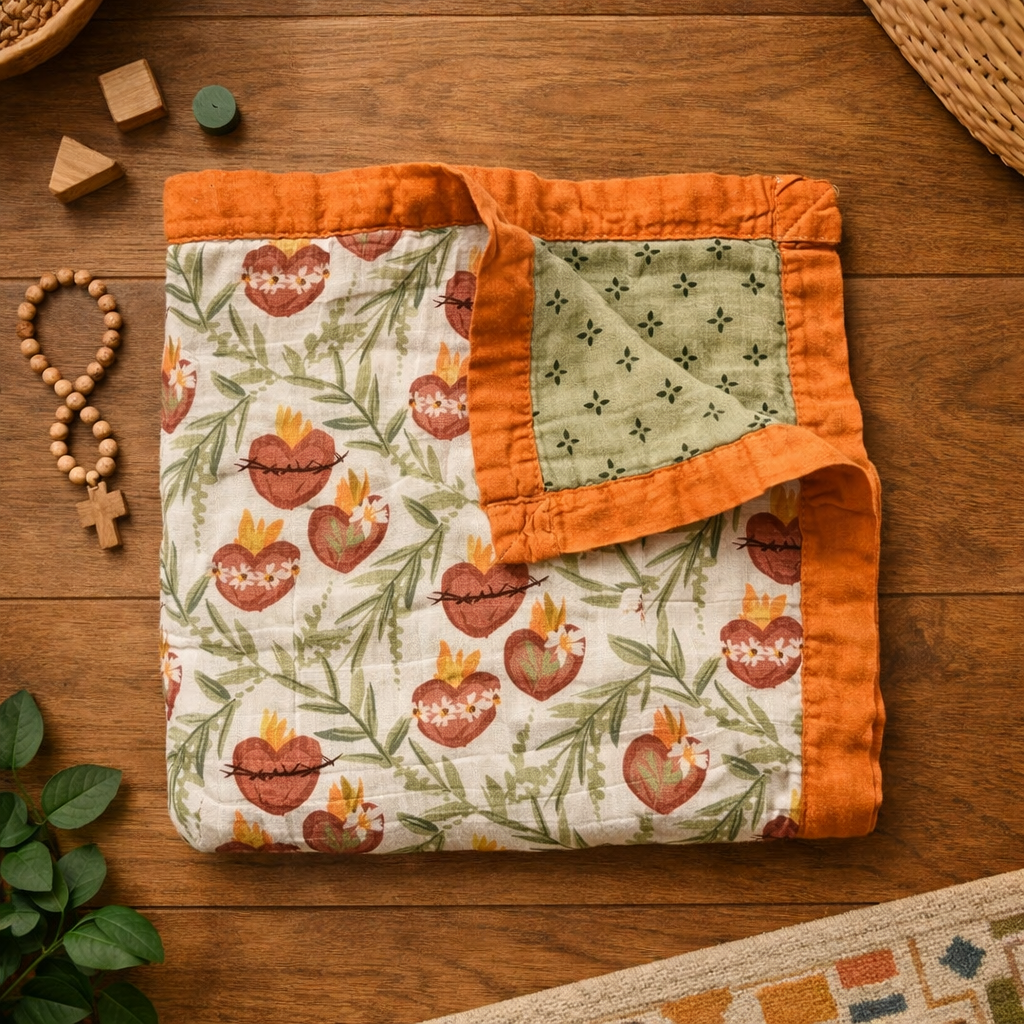 Holy Family Hearts Luxury Double Sided Muslin Blanket