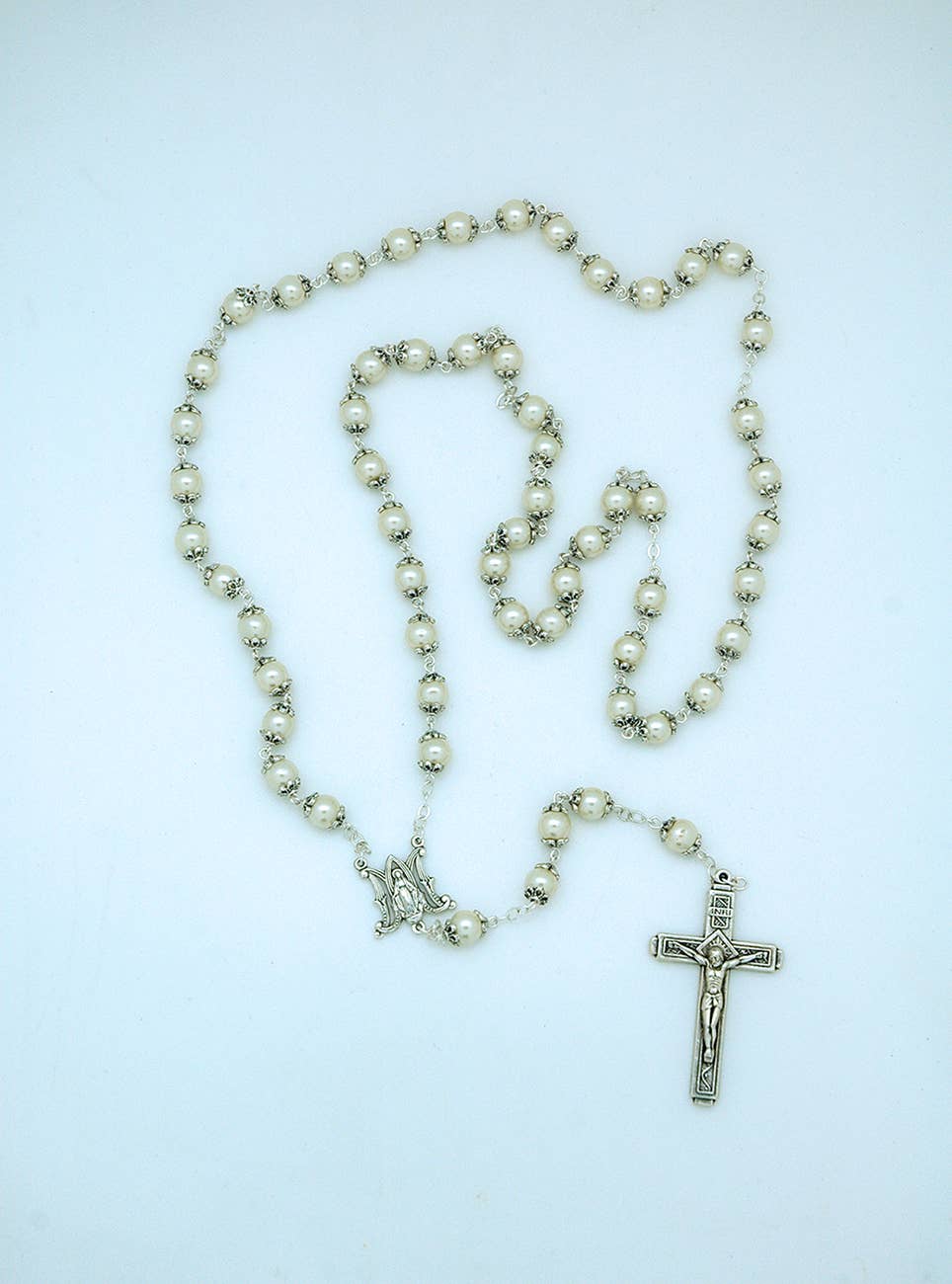 Capped White Glass Pearl Rosary