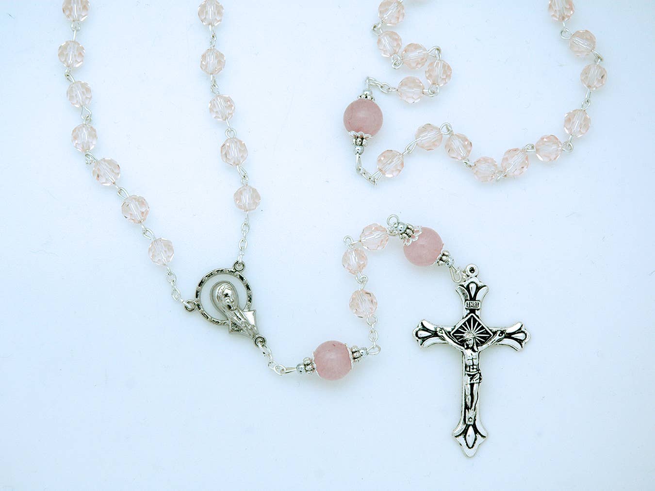 Pink glass rosary 7mm w/ rose quartz