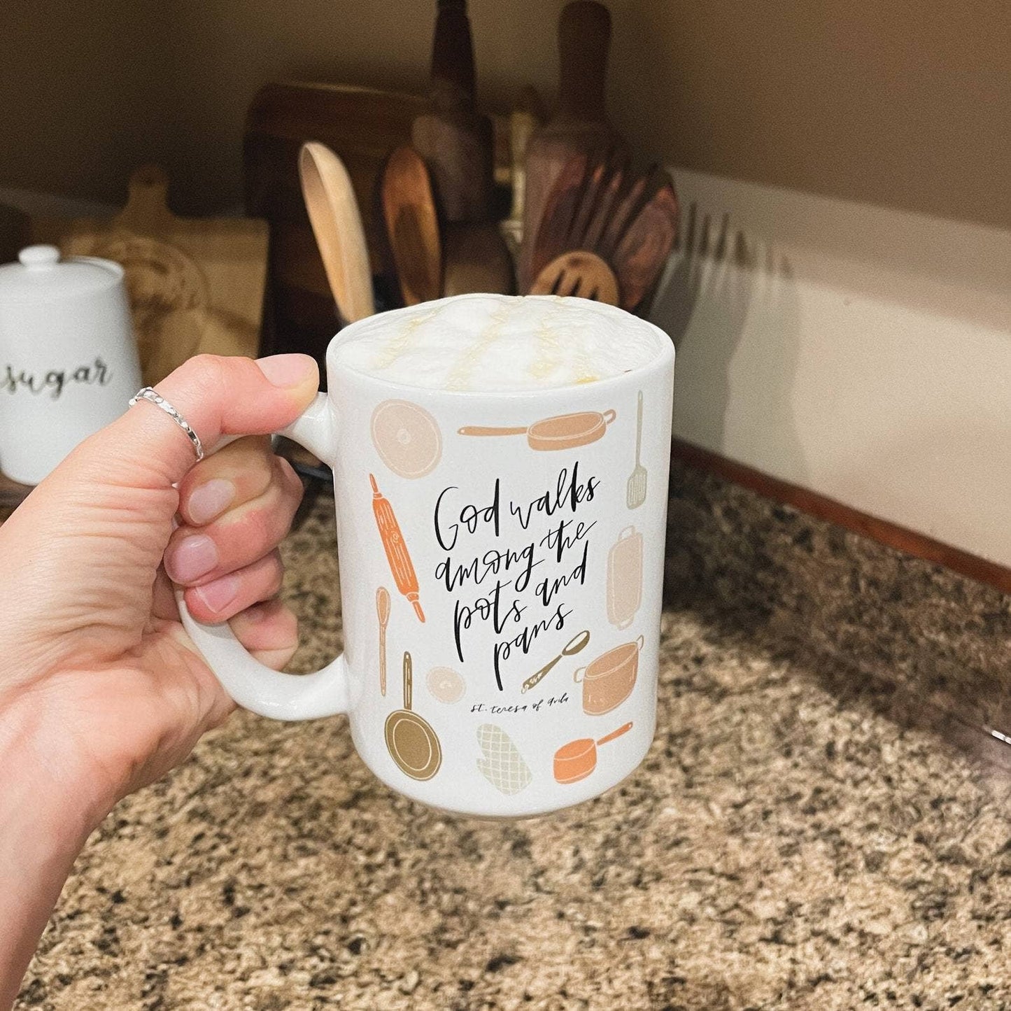 God Walks Among the Pots and Pans Mug