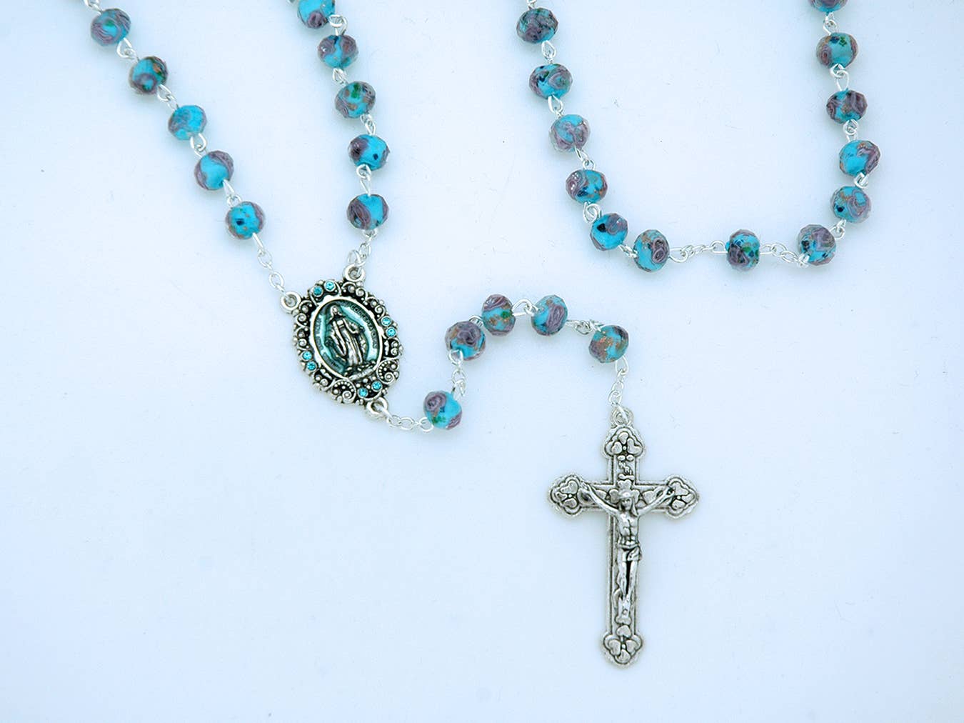 Italian rosary aqua blue glass w/ rose