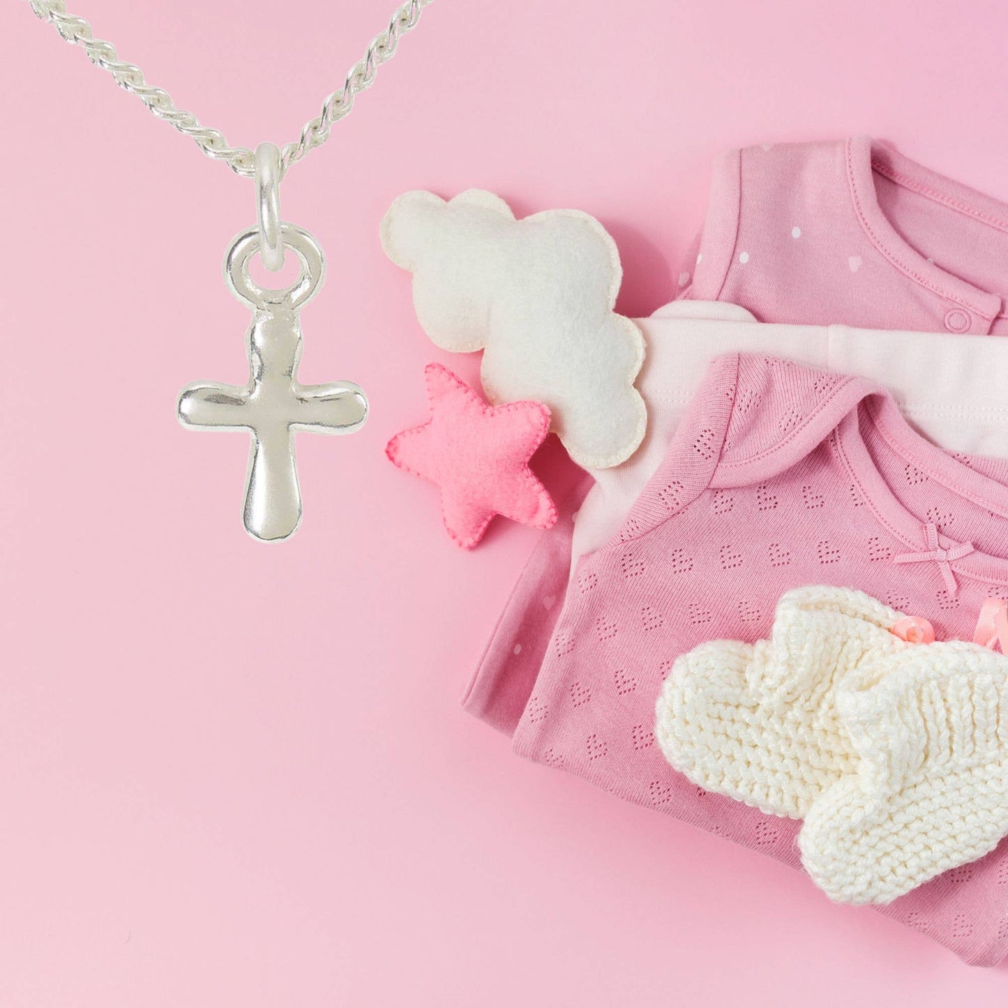 Nk - Baby Puff Cre Sil Plt 13"Cable Chain cross