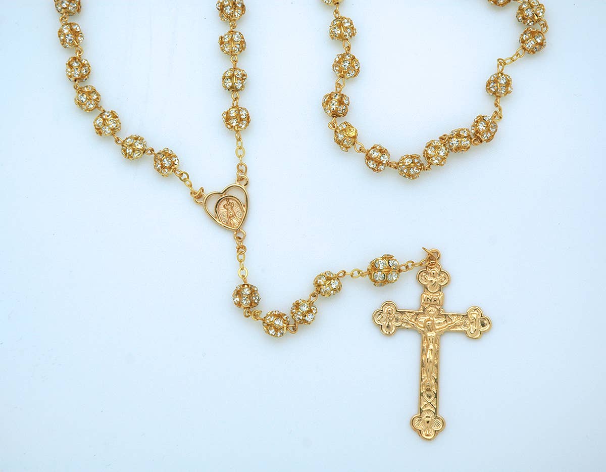 Golden Crystal Rosary Charm Pendant Necklace